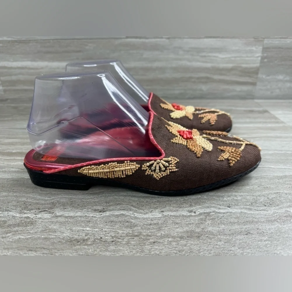 NEW* Beverly Feldman Beaded Canvas with Pink Snakeskin Trim Mules Womens Size 8 - Picture 12 of 12